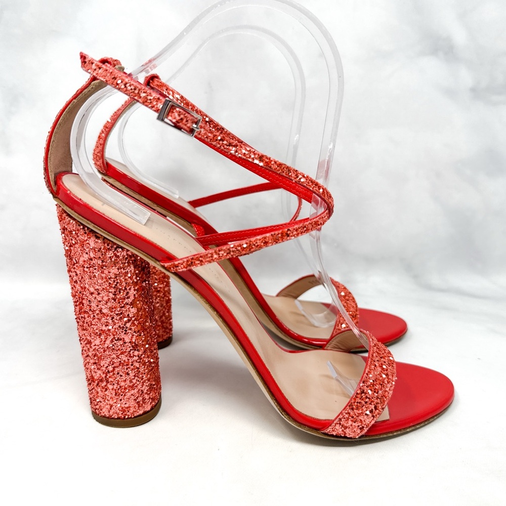Giuseppe Zanotti Tara Glitter Strappy Leather Block Heel Sandals Red Orange 40